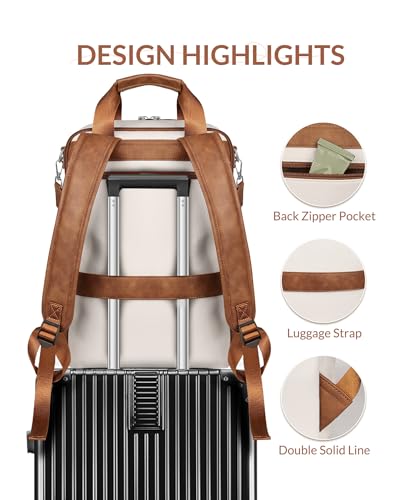 Leather Laptop Backpack 15.6 inch Womens Computer Bag Beige | 3-in-1 laptop purse: Dedicated 15.6" Compartment, 7-Pocket Organizer, Colorful Shoulder Strap, Work & Travel Ready - color: Beige Brown