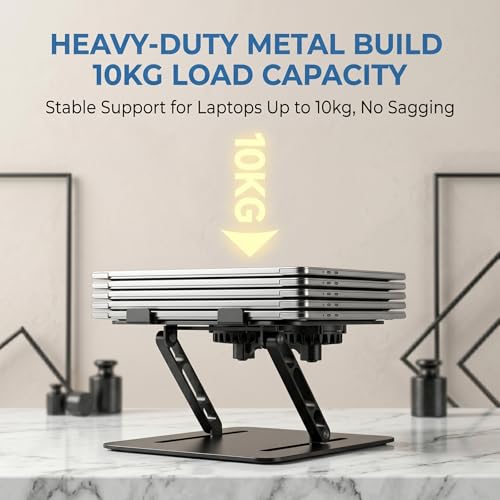 Laptop Stand for Desk with Dual Quiet Cooling Fans - 360° Rotating Base Ergonomic Computer Stand, Heavy-Duty Carbon Steel Laptop Riser Foldable Portable for Office Home (Black)