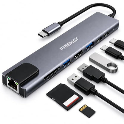 USB C Hub 8-in-1 Docking Station, USB C Adapter with 4K@60Hz HDMI, Gigabit Ethernet, 100W Power Delivery, SD/TF Card Reader, 2 USB 3.0 Ports & USB-C Data Port for MacBook, iPad, Chromebook