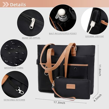 Laptop Bag for Women 15.6 Inch Work Tote Briefcase with USB Nylon Shoulder Handbag for Office Travel Business - color: Black