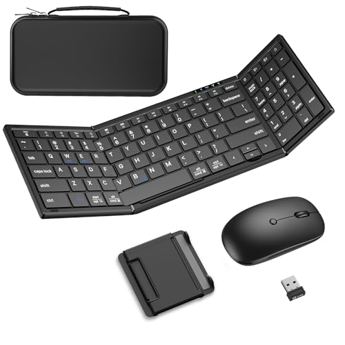 Foldable Keyboard and Mouse,Portable Full-Size Folding Wireless Keyboard Mouse Combo for Business Travel,2.4G+Bluetooth 5.0x2,USB-C Rechargeable,Compatible with iOS/Android/Windows/MacOS(Black)