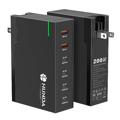 HUNDA 200W USB C Charger GaN Charging Station 6 Ports Fast PD 100W Type C MacBook Charger Desktop Adapter Support PD3.0 /PPS 45W /QC5 for MacBook Pro/Air, iPhone 15/14, Galaxy s24/s23,HP,Dell etc