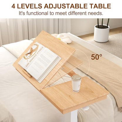 Muwuele Solid Wood Overbed Bedside Table with Wheels, Adjustable Medical Tilt Top Hospital Bed Table Over The Bed, Rolling Laptop Desk, Mobile Standing Desk for Hospital and Home Use (Natural) - color: Natural