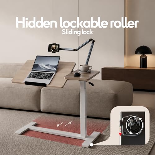 Adjustable Overbed Bedside Table with Wheels Pneumatic Mobile Standing Laptop Desk Rolling Computer Cart Movable Couch Desk Hospital Bed Table, Natural Wood - color: Natural Wood