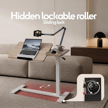 Adjustable Overbed Bedside Table with Wheels Pneumatic Mobile Standing Laptop Desk Rolling Computer Cart Movable Couch Desk Hospital Bed Table, Natural Wood - color: Natural Wood