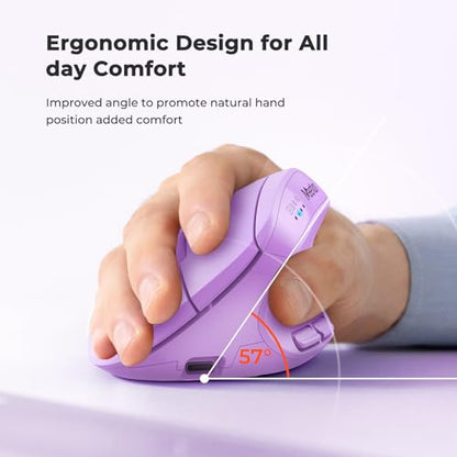 MEETION Ergonomic Vertical Mouse, Wireless Bluetooth Mouse - Purple | Rechargeable mouse with dual Bluetooth 5.2 and USB, 4 DPI levels (800–2400), compatible with Windows, Mac, PC and iPad - color: Right Purple