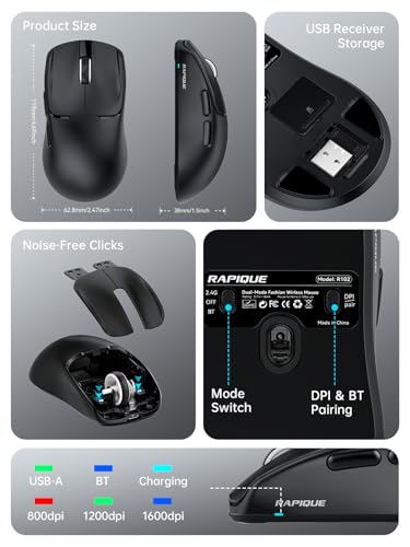 RAPIQUE Wireless Mouse, 53g Ultra-Light, Bluetooth 5.1 & 2.4GHz Dual Mode, USB-C Rechargeable, Silent Click, 3 DPI Levels, Side Buttons, for Laptop, PC, MacBook - color: Black