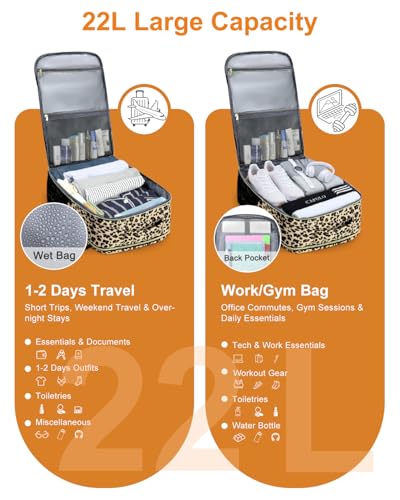 Capolo Travel Laptop Backpack Women Men Personal Item Weekender Travel Bag | 22L Flight Approved,Waterproof Overnight Bag,College Bookbag,Work,1-2 Day Travel,Fits 15.6" Laptop (Small,Leopard) - color: Leopard, size: Small