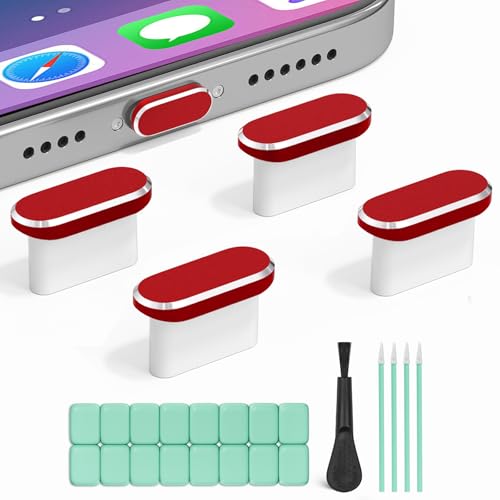 USB C Dust Plug, 4 Pack Type C Anti Dust Plug Cover for iPhone 17, 16, 15 Series, Galaxy S22/S21/S20 and Other USB-C Devices, Charging Port Protector Cap with Cleaning Brush (Red) - color: A Red