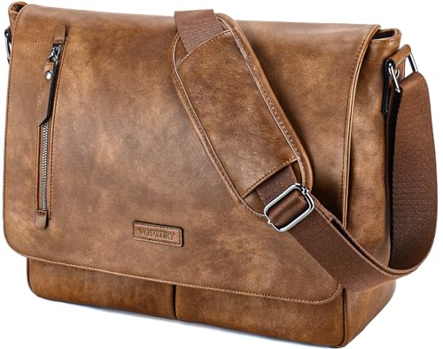 VX VONXURY Messenger Bag for Men, Pu Leather 14 Inch Laptop Briefcase Bag for Work Bussiness and School,Brown - color: 14 Inch Brown