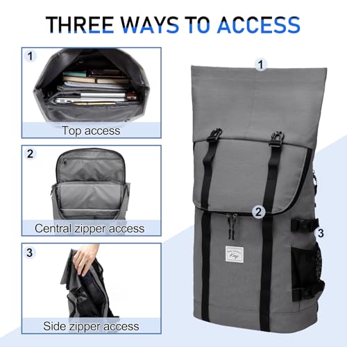 Kasqo Rolltop Backpack, Water-Resistant Backpack with Laptop Compartment for 15.6 Inch Computer Men Women 26L-33L Daypack - color: Light Grey