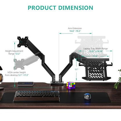 WALI Laptop Desk Mount, Dual Monitor Arm with Laptop Holder, Adjustable Height Laptop Arm Mount for Desk, Fits 17” Notebook and 32” Monitors, Up to 22Lbs (GSMP002LP), Black - size: Dual, style: Adjustable Desk Mount