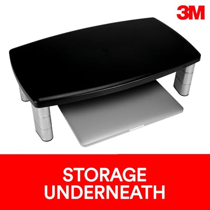 3M Extra Wide Adjustable Monitor Stand, Three Leg Segments Simply Adjust Height from 1" to 5 7/8", Sturdy Platform Holds Up to 40 lbs, 16-inch Space Between Columns for Storage, Silver/Black (MS90B)