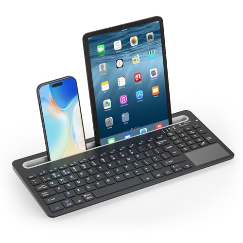 Silent Keyboard with Touchpad, Wireless Bluetooth Multi-Device | 3-in-1 Bluetooth 2.4G USB Wired, Rechargeable with Silicone Stand for PC Mac iPad Phone, Black