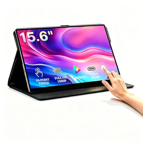 KOOFORWAY 15.6" Touchscreen Portable Monitor FHD 1080P IPS USB-C | Tempered Glass Touch Panel, Plug & Play Travel Monitor for Laptop, Mini HDMI, Dual Speakers, Stand Cover
