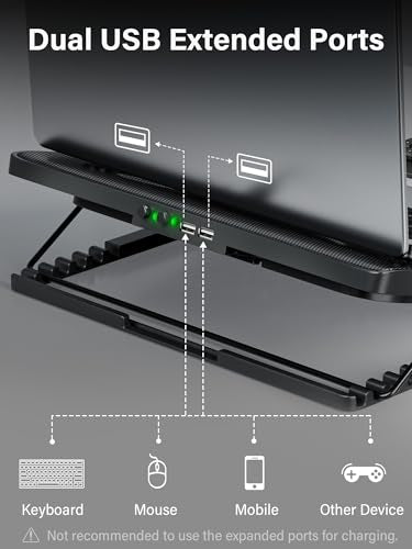 Kootek Laptop Cooling Pad Cooler Stand with 5 Quiet Fans for 12"-17" Laptop | 5 Fans, USB Powered, Laptop Cooling Stand with 2 USB Hub, 6 Adjustable Height, 360° Cooling Coverage, Anti-Slip, Green LED - color: Green