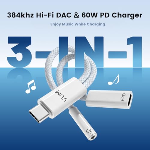 VUM 3-in-1 USB-C to 3.5mm Headphone Jack with PD 60W Charging Audio Adapter | 32-bit/384kHz Hi-Res DAC,60W PD Fast Charger, TRRS HD Mic Input, USBC to Aux HiFi Adapter Splitter, Silver-Plated OFC Cable