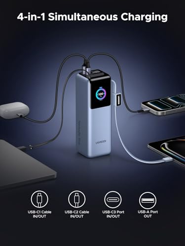 UGREEN Nexode Pro 25000mAh 200W Retractable Cables Power Bank for iPhone | Built-in retractable cables, TFT display, PD 3.1. 90Wh. Fast charges MacBook, Dell, HP, Samsung S26, iPhone 17/16.