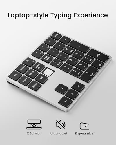 Kisnt KN300BT Bluetooth Number Pad for Laptop, 34- Key Wireless Rechargeable Numeric Keypad Portable External Numpad for MacBook, Tablets, Mac, iOS, Android, Windows PC - style: 34 Keys Wireless Numpad