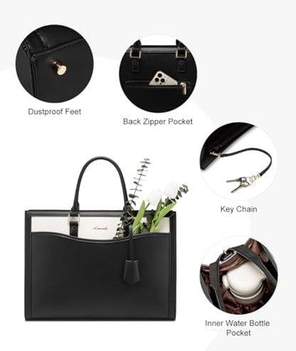 LOVEVOOK Laptop Tote Bag for Women, Leather Office Work Bag Briefcase fit for 15.6 inch Laptop, Large Teacher Computer Bag Handbag,2pcs Set Leather/Black-White | PU Leather Business Briefcase Teacher Travel College Bag Handbag fit for 15.6 inch Laptop, Of