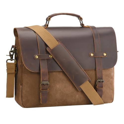 Mens Messenger Bag Waxed Canvas Laptop Briefcase 16“ Vintage Genuine Leather Crossbody Bags Waterproof Satchel Shoulder Bag - color: Coffee