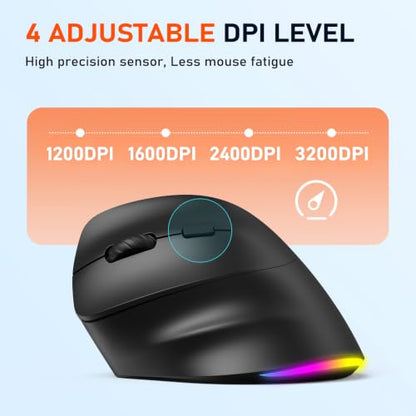 MEETION Left-Handed Wireless Ergonomic Vertical Mouse, Rechargeable - Black | Dual Bluetooth 5.2/3.0 + USB, RGB lighting, 4 adjustable DPI, compatible with Windows, Mac, PC, iPad and tablets - color: Left Black