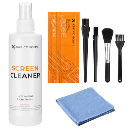 K&F CONCEPT 8-in-1 Screen Cleaning Kit, for Car, Computer, Laptop | with 250ml Cleaning Liquid, 30cm Pearl Towel, 2 Long Vacuum Cleaning Cloths, 4 Cleaning Brushes for TVs Tablets Phone Laptops