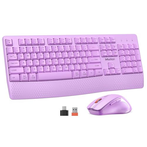 MEETION Wireless Keyboard and Mouse Combo, Full-Size with Wrist Rest Purple | 2.4GHz USB receiver, 3 adjustable DPI mouse, comfortable typing, compatible with Windows, Mac, PCs and laptops - color: Purple