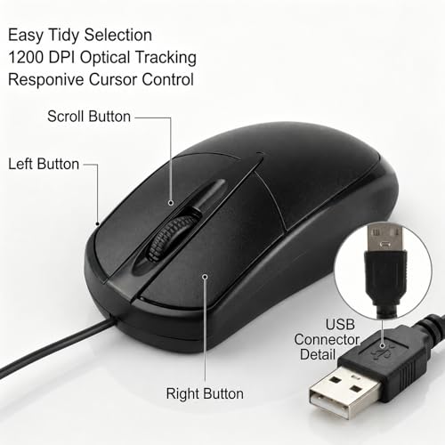 24 Pcs Black USB Wired Mouse 1200 DPI 3 Button Corded Computer Mice Right or Left Hand Use Computer Corded USB Mouse Bulk for PC Laptop Desktop Notebook Office School Classroom Use