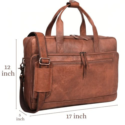 17-inch Genuine Leather Laptop Briefcase for Men and Women – Brown Leather Messenger Bag for Professional Work, Office, College & Travel Computer Laptop Bag