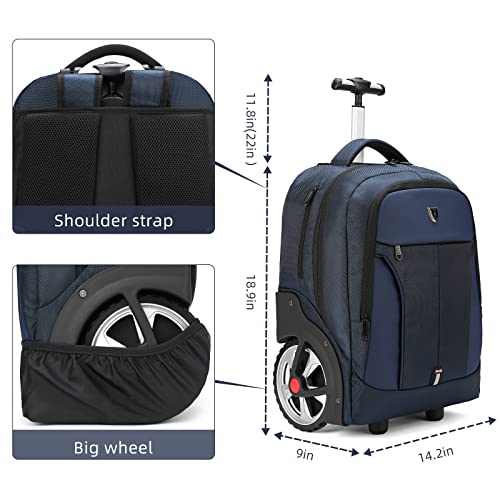 Rolling Backpack, Waterproof Backpack with Wheels for Business, Travel Commuter, Carry on Backpack with Laptop Compartment, Fit 15.6 Inch Laptop, Wheeled Backpack for Adults Women Men (Blue, 20inch) - color: Blue