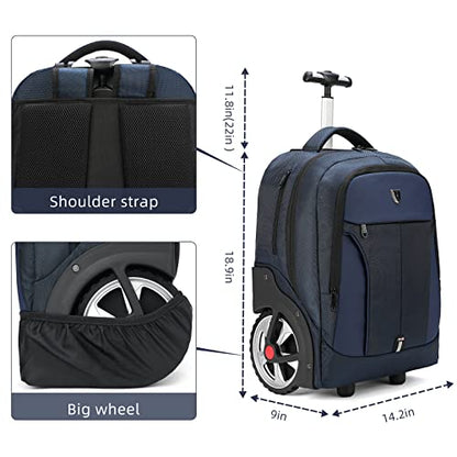 Rolling Backpack, Waterproof Backpack with Wheels for Business, Travel Commuter, Carry on Backpack with Laptop Compartment, Fit 15.6 Inch Laptop, Wheeled Backpack for Adults Women Men (Blue, 20inch) - color: Blue