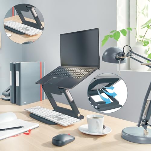 Leitz Height Adjustable Multi-Angle Laptop Stand, 80% Recycled Plastic, Six Pre-Set Height & Angle Combinations, Compact Footprint, 100% Recyclable, Ergo Range, Dark Grey, 64240089