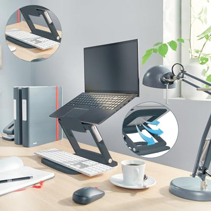 Leitz Height Adjustable Multi-Angle Laptop Stand, 80% Recycled Plastic, Six Pre-Set Height & Angle Combinations, Compact Footprint, 100% Recyclable, Ergo Range, Dark Grey, 64240089
