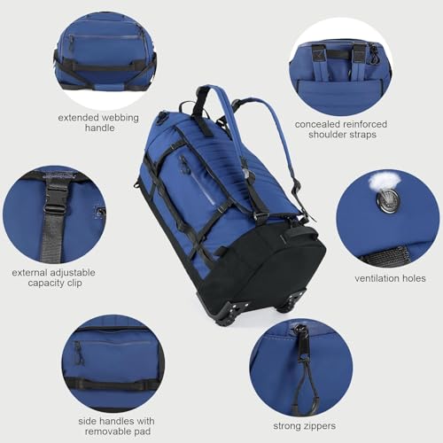 Rolling Duffle Bag with Wheels,86L 30”Carry on Luggage with Wheels,Folding Travel Bag,Duffle Backpack with Separate Shoe Compartment (Dark Blue) - color: Dark Blue