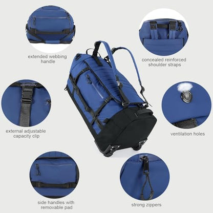 Rolling Duffle Bag with Wheels,86L 30”Carry on Luggage with Wheels,Folding Travel Bag,Duffle Backpack with Separate Shoe Compartment (Dark Blue) - color: Dark Blue