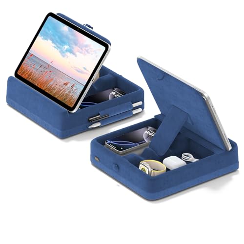 KDD Tablet Pillow Stand with Storage, Foldable iPad Holder for Lap, Desk and Bed, Angle Adjustable Soft Pad Dock with Stylus Mount Compatible with iPad Pro, Air, mini, Book, Phone and Tablet (4-13") - color: Dark Blue