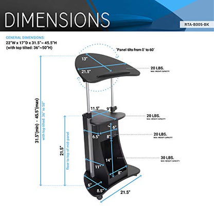 Techni Mobili Adjustable Height Rolling Laptop Cart with Storage, Black | Adjustable height rolling laptop cart with storage, open shelf, wheels, sit‑to‑stand ideal for podium office medical use - color: Black