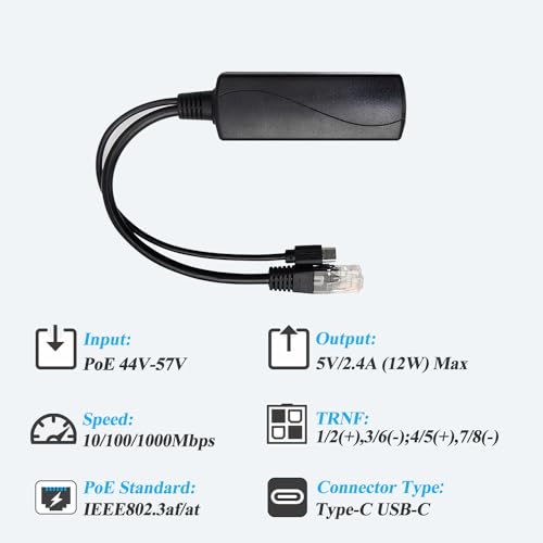2.5G Type C PoE Splitter 5V/2.4A, 48V PoE to USB-C 5V/2.4A 12W Output, 2.5Gbps Ethernet Comply IEEE802.3af/at, Plug and Play for Smart Home - style: TYPEC0502G-X TYPE-C 5V/2A