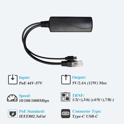 2.5G Type C PoE Splitter 5V/2.4A, 48V PoE to USB-C 5V/2.4A 12W Output, 2.5Gbps Ethernet Comply IEEE802.3af/at, Plug and Play for Smart Home - style: TYPEC0502G-X TYPE-C 5V/2A