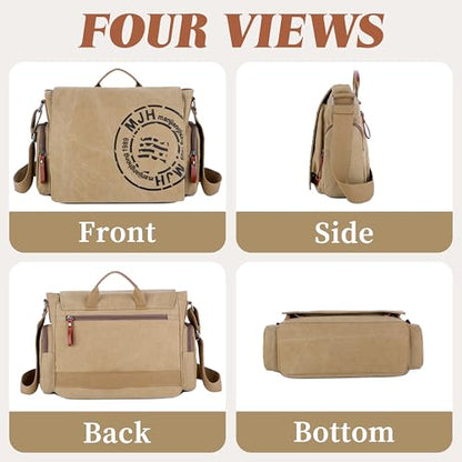 FSD.WG Satchel Messenger Bag for Men Canvas,Travel Shoulder bag 13.5" Laptop Bags - color: Khaki