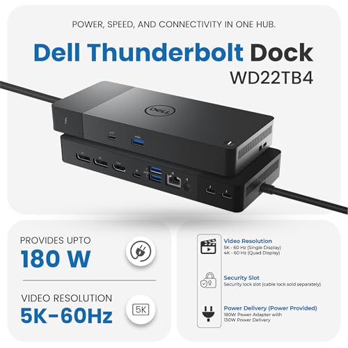 Dell WD22TB4 Thunderbolt 4 Dock 180W - 40Gbps, 3-Year Warranty, USB-C/USB-A Dell Docking Station with 180W Adapter + Techtray Cables & Cloth - Supports Dual/Triple Monitor & 4K Displays (New)