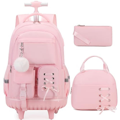Scothen Rolling Backpack for Girls, Girls Backpack Set with Lunch Box & Pencil Pouch for Teen Girl Kids Children Elementary Middle School, Bookbag Daypack Laptop Travel Backpack with Wheels (Pink) - color: Pink
