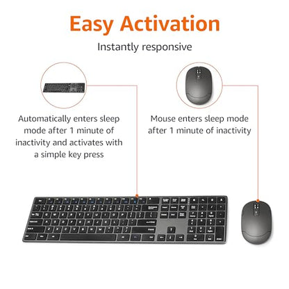 Amazon Basics Ultra Premium Wireless Keyboard and Mouse Combo, Rechargeable, Full-Size with Number Pad, Sleek Design, Plug and Play, Quiet Typing, 2.4GHz USB Receiver, Black - size: QWERTY