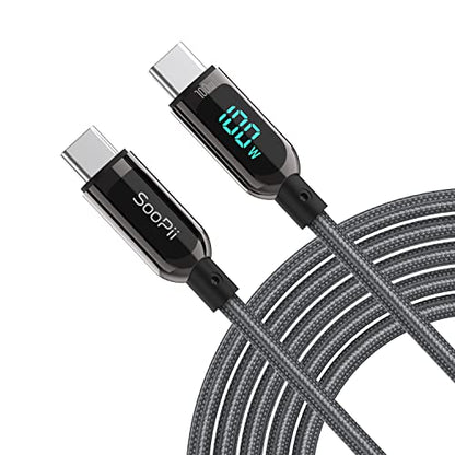SOOPII 100W 4ft USB C to USB C Cable Fast Charge, Nylon Braided Cable with LED Display for lPhone 15/15 Pro/15 Plus/15 Pro Max,lPad Air,MacBook Pro,Galaxy S24/S23, Pixel, LG (Grey) - color: Grey, size: 1.2M - 100W