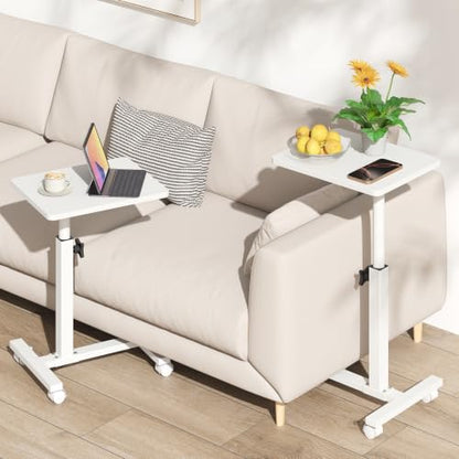TUTOTAK C Table End Table Adjustable Height, TV Tray Table for Small Spaces | 360°Swivel casters, Slide Under Couch Side Table, Sofa Bedside Table for Living Room, Bedroom, White TB01BW099 - color: White