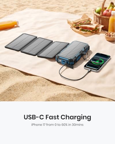 FEELLE Solar Power Bank 50000mAh Magnetic Portable Charger with Hand Crank | Built in 4 Cables & 4 Solar Panels, PD QC 3.0 Fast Charging Battery Pack, Flashlight for Outdoor, Charge 6 Devices at Once - color: Blue