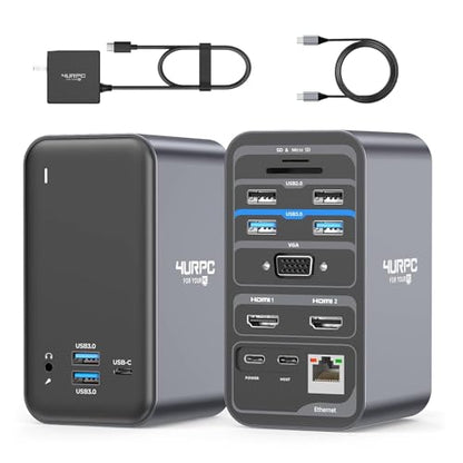 USB C Docking Station Dual Monitor 7 USB A/C, Plug and Play | 2 HDMI+VGA, SD/microSD, Ethernet, Audio, 65W Power Adapter, Laptop Docking Station for Windows Lenovo/HP/Dell, Home Office