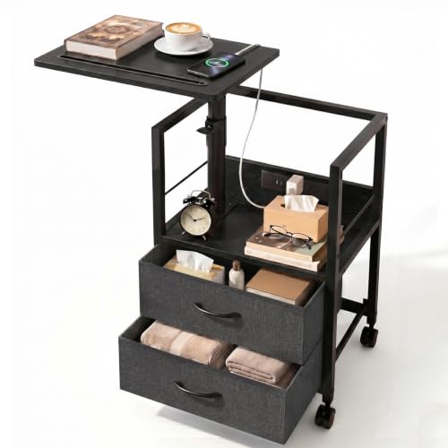 Faesun Swivel Lift Top Nightstand with Charging Station, Rolling Side Table for Recliner, Bedside Table with Wheels & 2 Fabric Drawers, for Small Spaces, for Bedroom, Living Room, Black Gray - color: 07- Black Gray, size: 2 Drawers