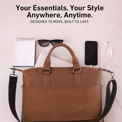 Laptop Bag Vegan Leather Messenger Shoulder Bag - 15.6" Laptop Briefcase with Luggage Strap - Cross Body (Black)